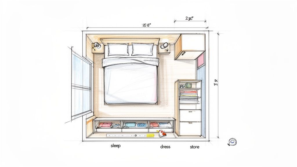 A detailed top-down sketch of a small bedroom featuring a bed, nightstands, window, storage, and dresser, with dimensions.
