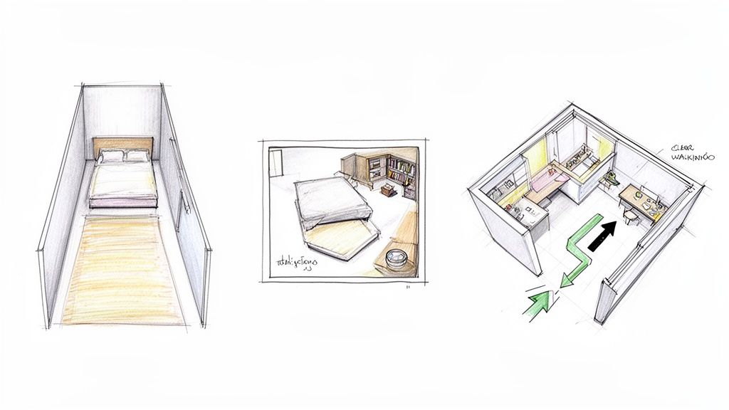 Three conceptual sketches showing space-saving furniture arrangements and room layouts for small bedrooms.