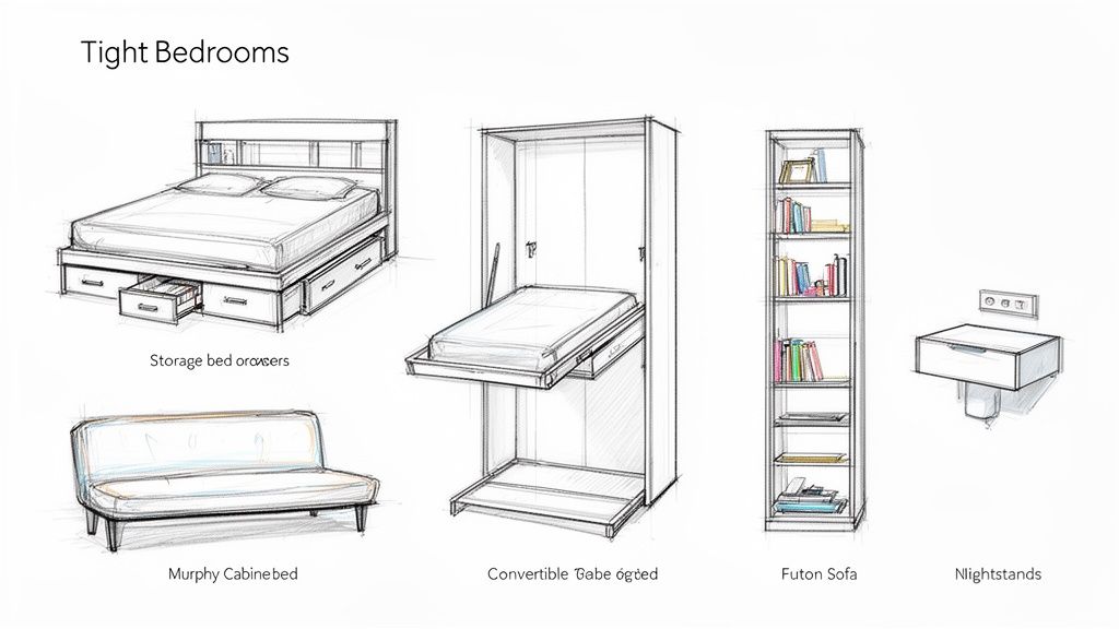 Sketches of space-saving furniture for tight bedrooms: storage bed, convertible bed, futon, bookshelf, and nightstand.