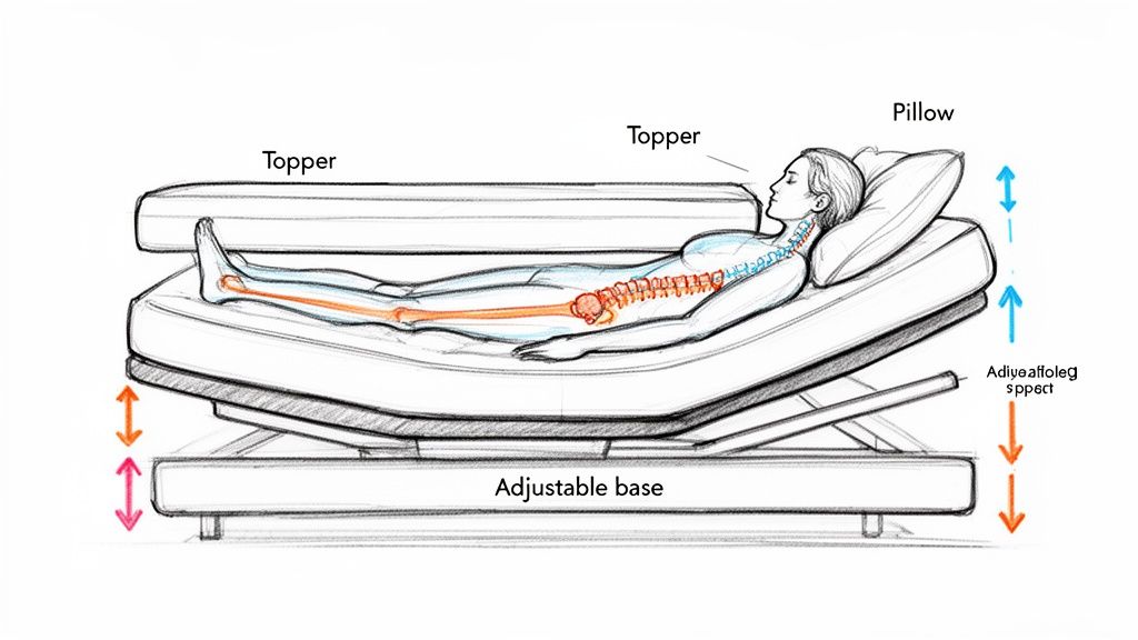 An illustration of a person lying on an adjustable bed, highlighting spinal alignment and support for back pain.