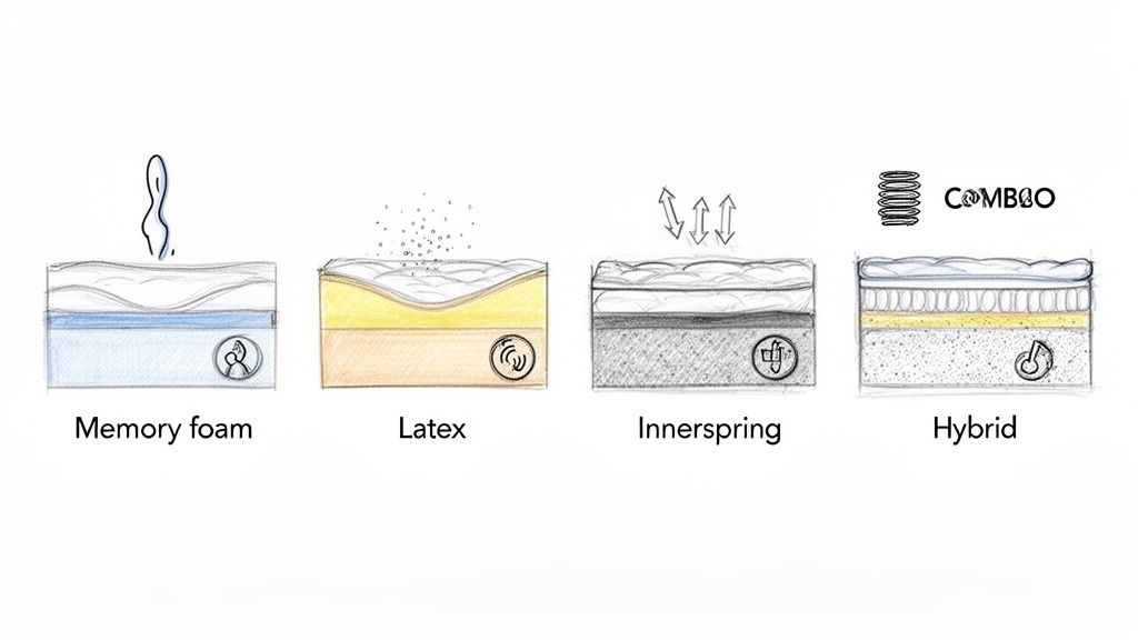 A visual comparison of four mattress types: Memory foam, Latex, Innerspring, and Hybrid, showing their internal layers and key characteristics.