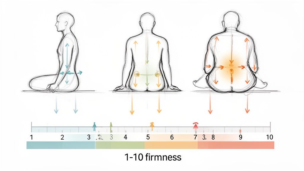 Three diagrams illustrate different sitting postures with arrows showing pressure distribution and corresponding firmness levels on a 1-10 scale.