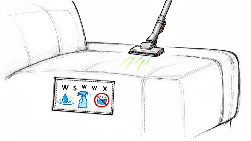 A vacuum cleaner cleans a white couch next to a label showing water-based cleaning instructions.