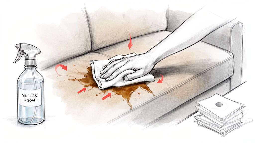 A person cleaning a spill on a couch with a cloth, using a vinegar and soap spray.
