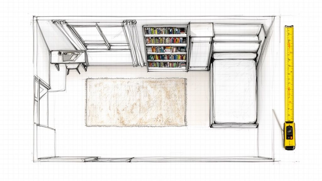 Detailed overhead sketch of a small studio apartment floor plan, featuring bed, desk, bookshelf, and rug, with a measuring tape.