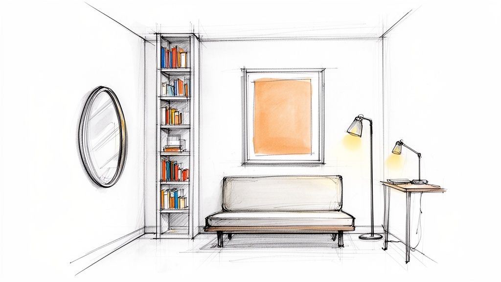 Hand-drawn sketch of a compact living space with a bookshelf, bench, mirror, and lamps.