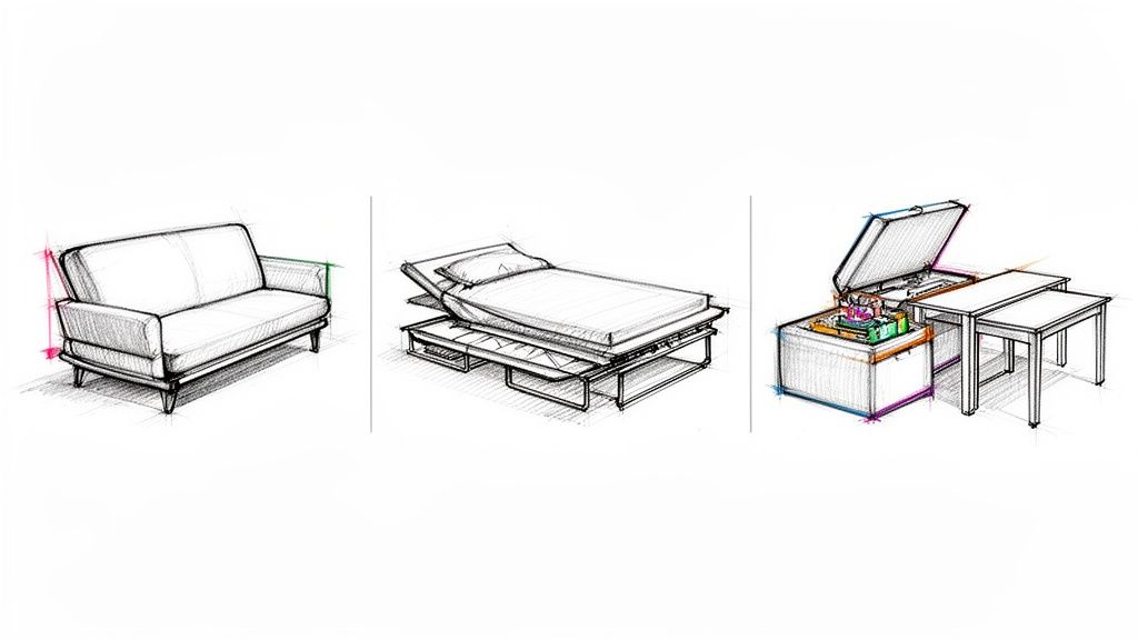 Sketches of multi-functional furniture solutions: a sofa, a pull-out bed, and a storage chest with nesting tables.