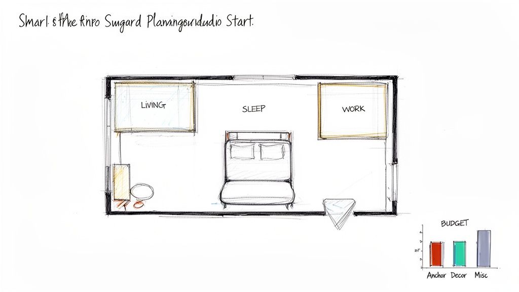 Hand-drawn studio apartment floor plan with distinct living, sleep, and work zones, plus a budget breakdown chart.