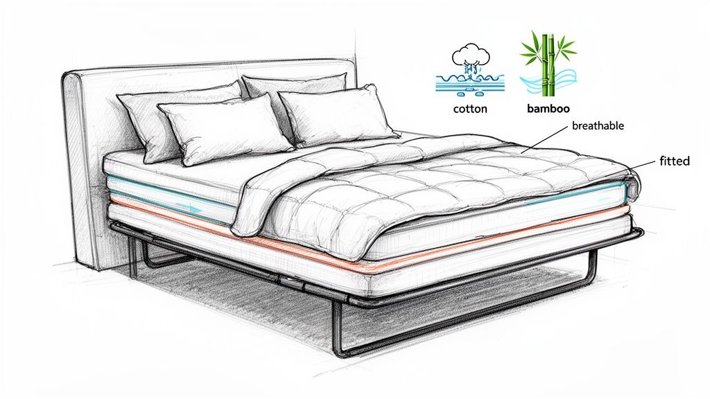 Detailed sketch of a layered bed with breathable cotton and bamboo materials, fitted sheets, and mattress layers.