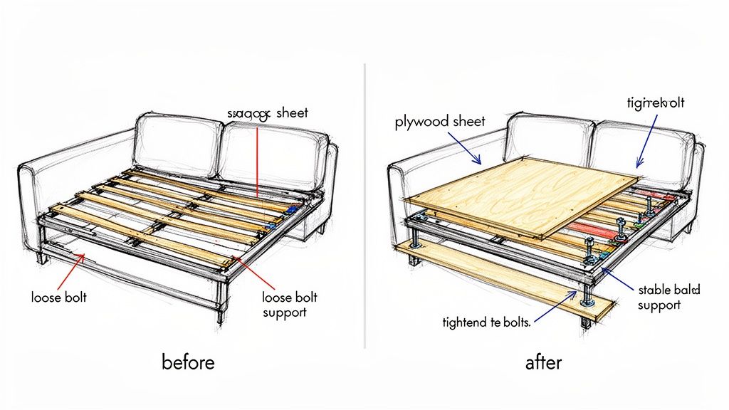 Diagram showing how to improve a sofa bed's comfort by adding a plywood sheet and tightening support bolts.