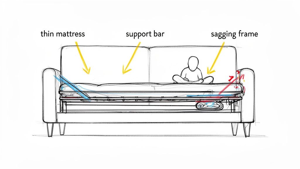 A diagram of a sofa bed showing a thin mattress, a support bar, and a sagging frame causing discomfort.