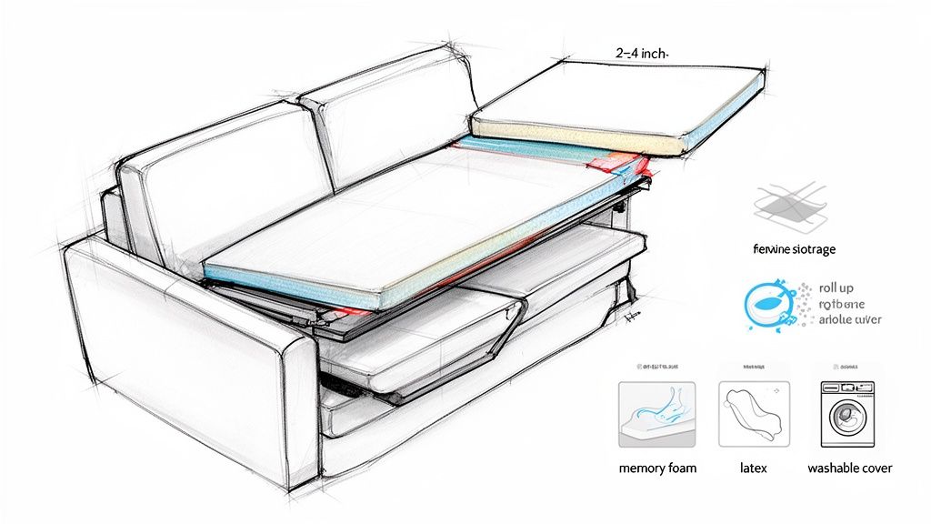 Detailed sketch of a sofa bed showing mattress layers, memory foam, latex, and a washable cover.