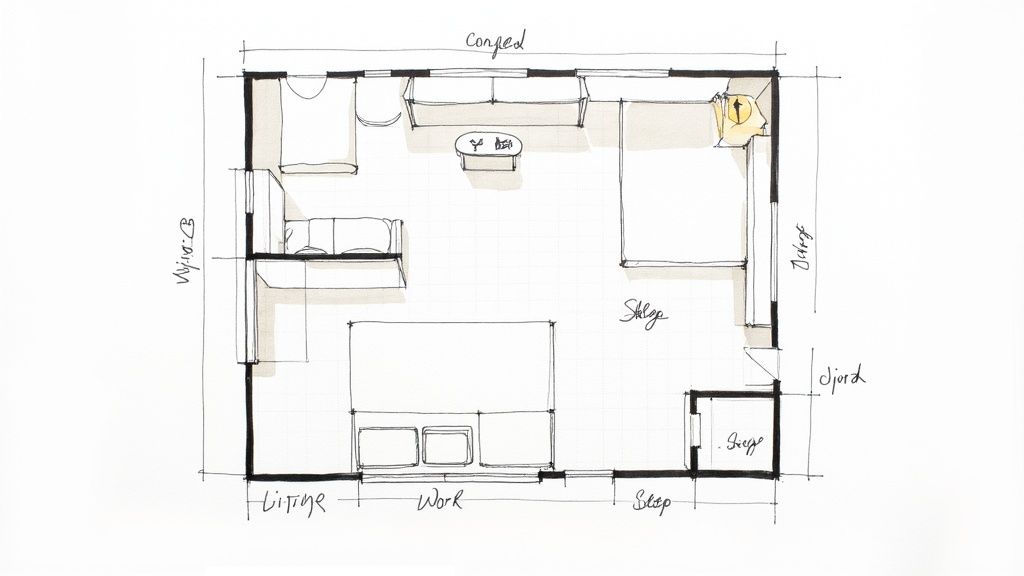 Detailed hand-drawn floor plan of a small apartment, showing living, work, and sleep areas.