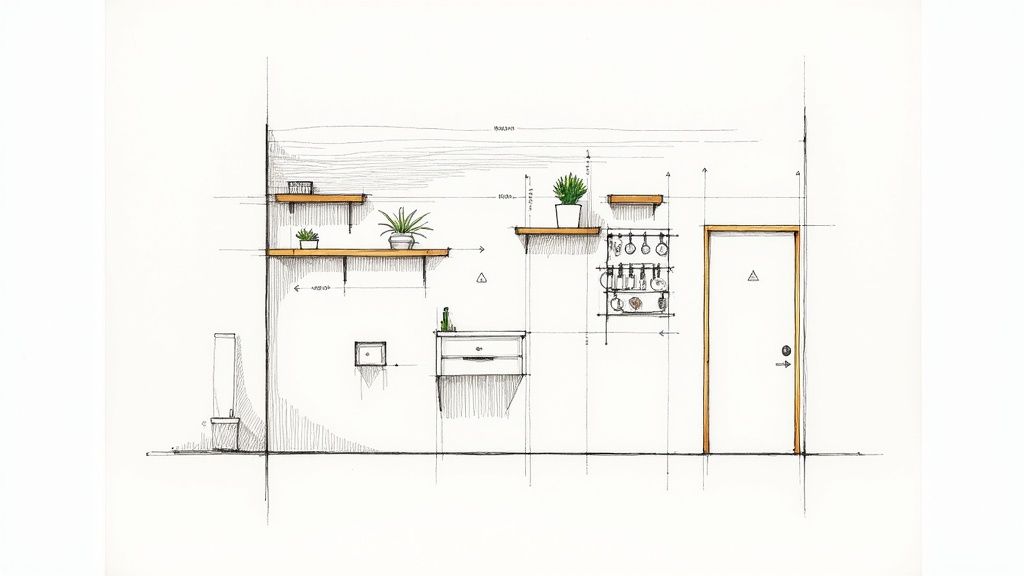 Architectural sketch of a wall with various shelves, plants, and a door, showing space-saving design.