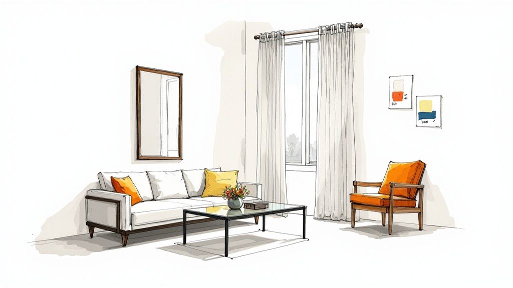 A modern, bright living room featuring a white sofa with colorful pillows, an armchair, and a window with curtains.