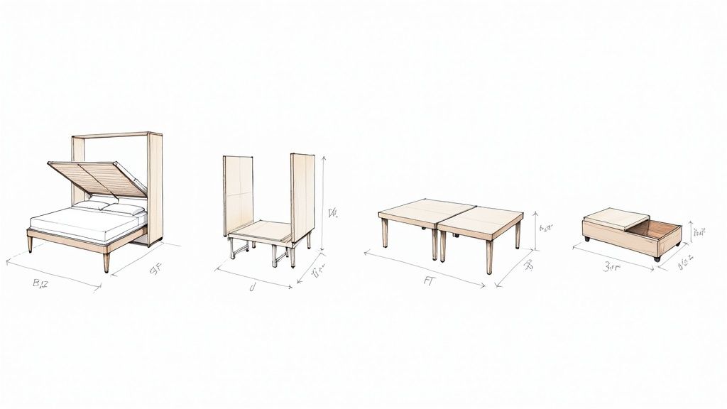 Sketches of multi-functional, space-saving furniture including a wall bed, folding chairs, expandable table, and storage ottoman.