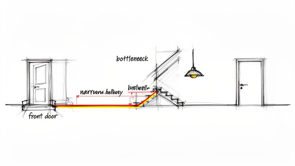 A sketch illustrating a home's entryway with a front door, narrow hallway, stairs, and bottleneck area.
