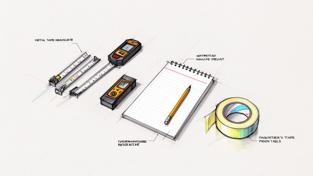 A collection of hand-drawn measuring tools including tape measures, laser devices, a notepad, pencil, and painter's tape.