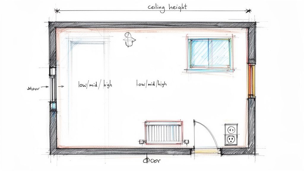 Hand-drawn floor plan sketch of a room, showing layout, window, door, radiator, and ceiling height.