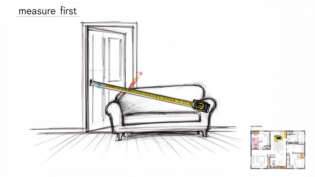 A sketch shows a long sofa with a measuring tape, indicating it's too large for a doorway, emphasizing to 'measure first'.