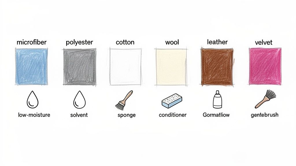 Diagram showing different fabric types like microfiber, polyester, leather, and velvet with their specific cleaning tools.