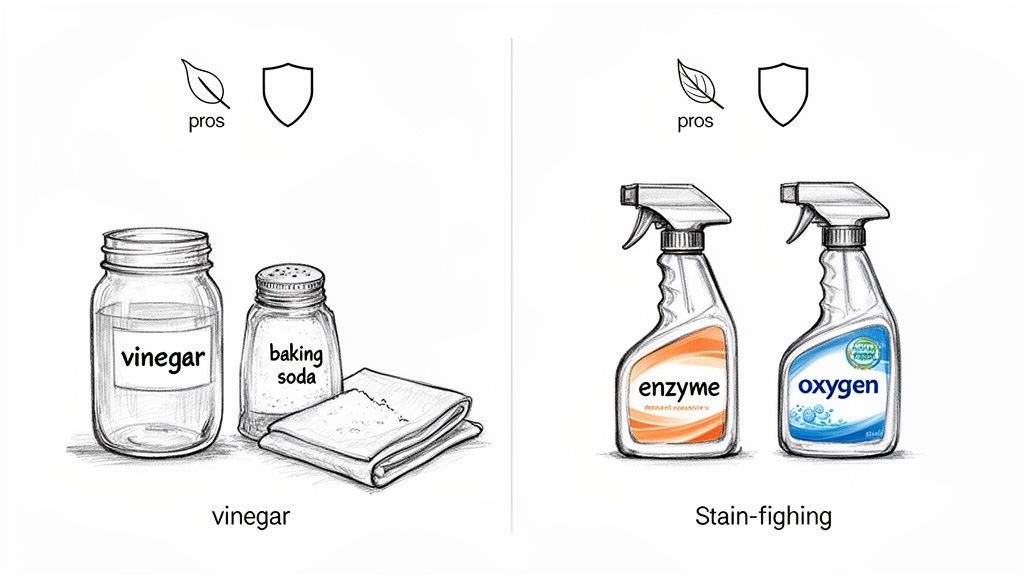 An illustration comparing natural cleaning agents like vinegar and baking soda with commercial stain removers.