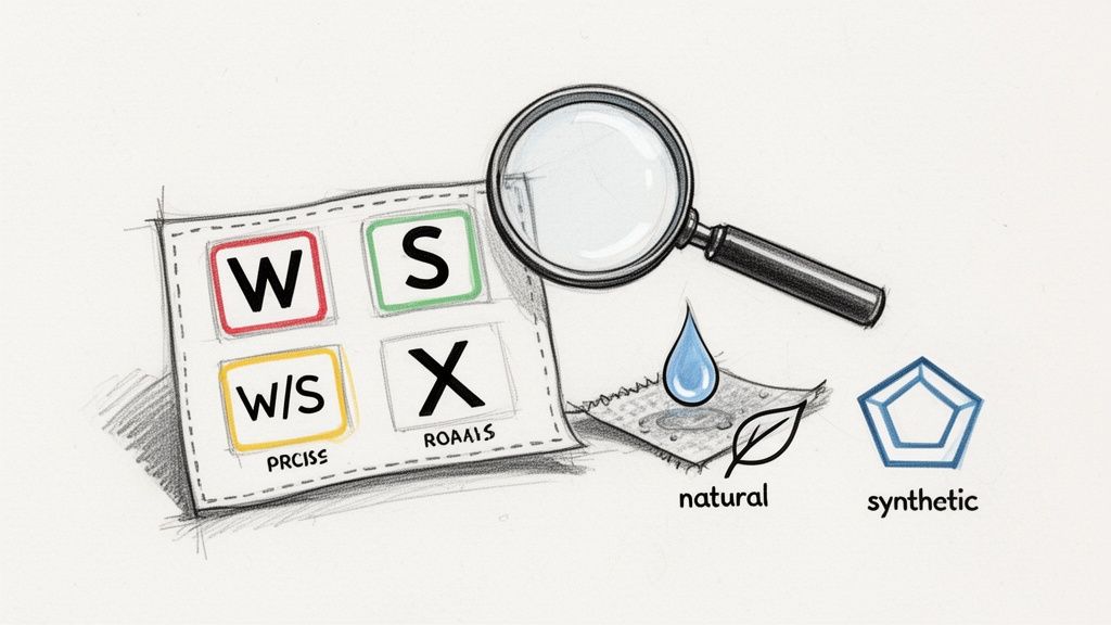 Illustration showing upholstery cleaning codes (W, S, W/S, X), a magnifying glass, and natural/synthetic fabric types.