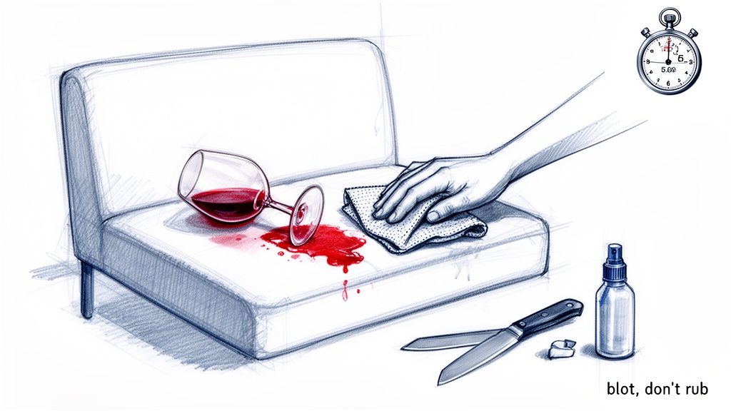 Illustration of red wine spill on upholstery being blotted by a hand, with cleaning spray and stopwatch.
