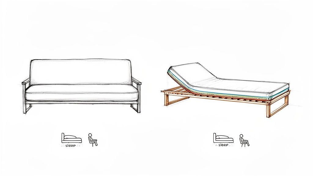 Sketches showing a futon in couch form and an adjustable bed, highlighting sleep and sitting functions.