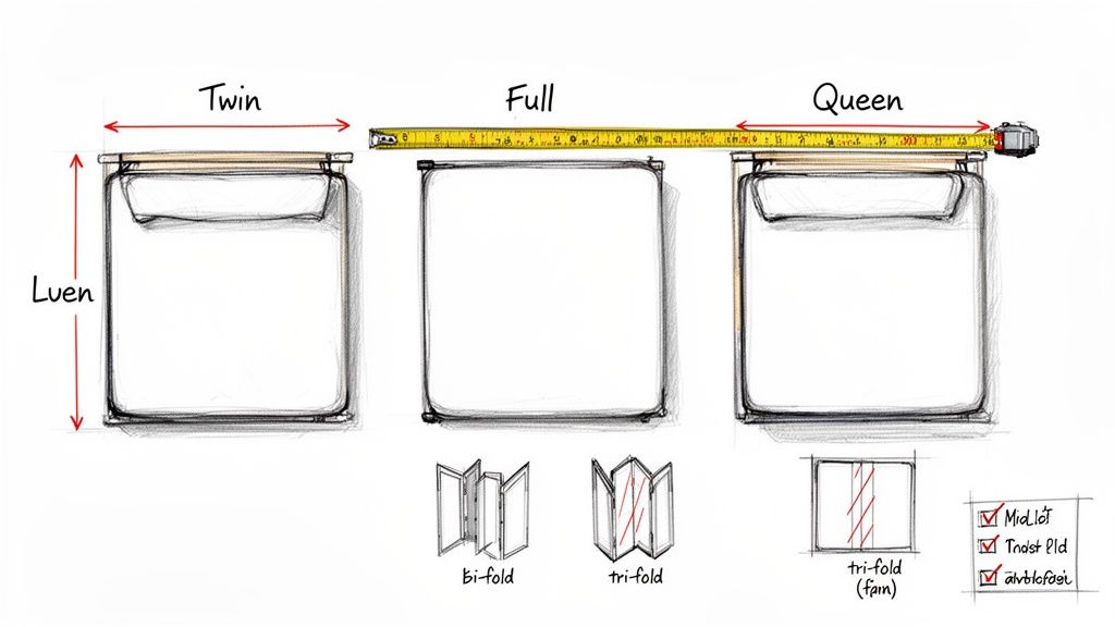 Diagram showing Twin, Full, Queen sizes with measurements, and bi-fold and tri-fold futon mattress types.