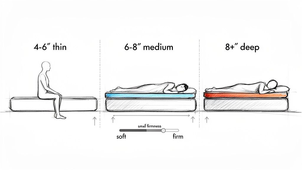 Illustration comparing mattress thickness options (4-6 inches, 6-8 inches, 8+ inches) and firmness levels.