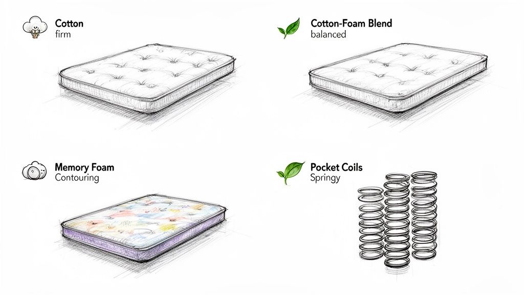 Illustrations comparing four mattress types: firm cotton, balanced cotton-foam blend, contouring memory foam, and springy pocket coils.