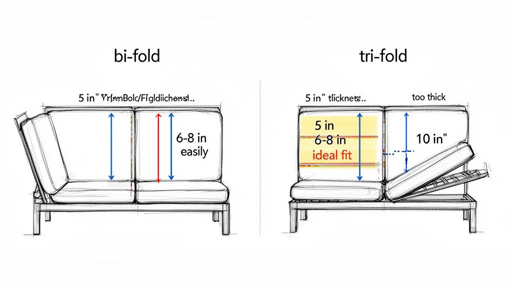 Diagram comparing bi-fold and tri-fold futon mattress fit, highlighting ideal thickness and folding mechanism.