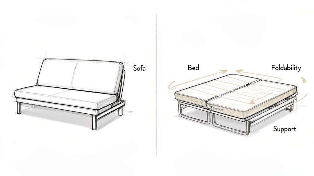 Sketch illustrating a futon transforming from a two-seater sofa into a foldable bed with support.