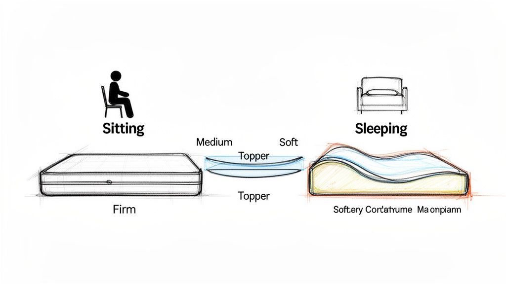 Diagram comparing a firm mattress for sitting versus a soft, contoured mattress with a topper for sleeping.