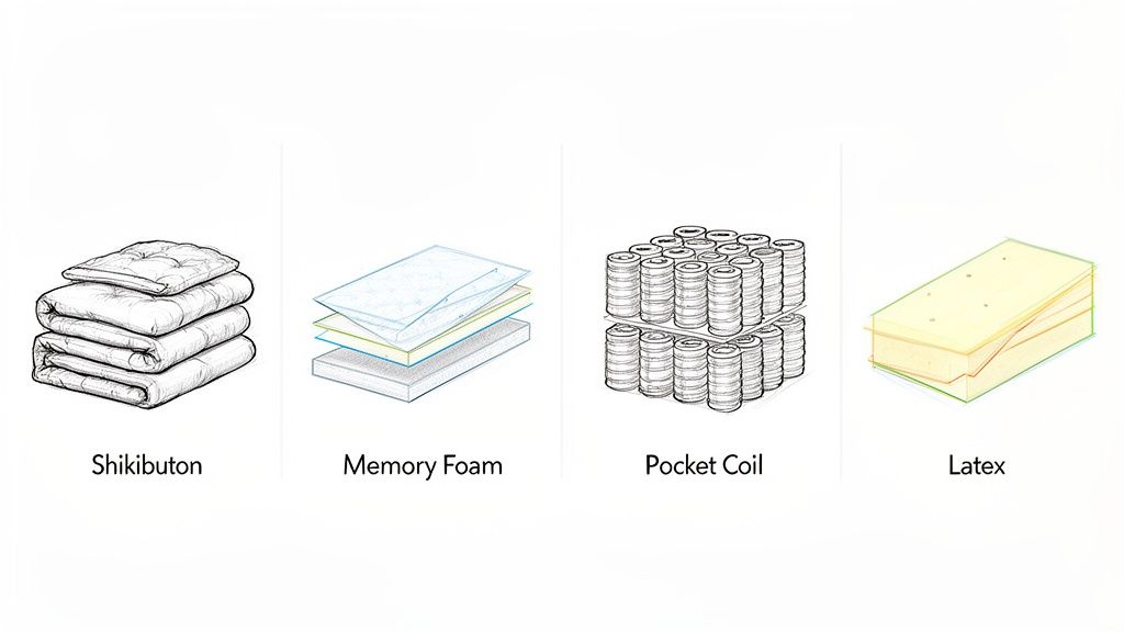 Four diagrams illustrating different mattress types: Shikibuton, Memory Foam, Pocket Coil, and Latex.