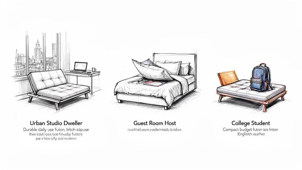 Three sketches showing different futon and bed setups for urban dwellers, guests, and students.