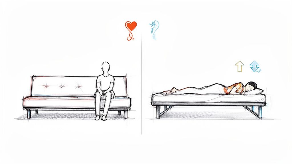 Sketch of a person sitting on a futon sofa and another person sleeping on a mattress bed.