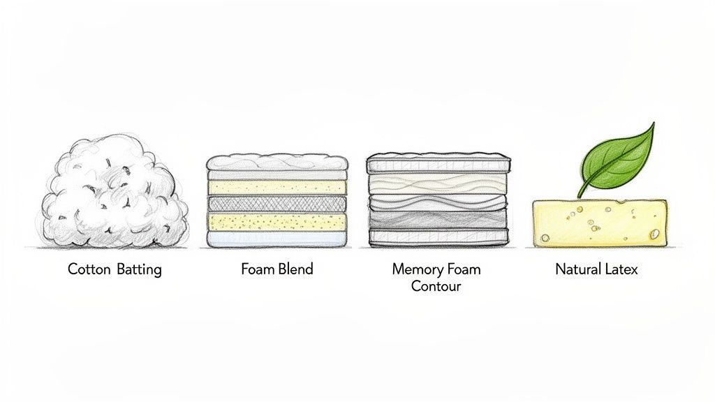 Illustrations show four mattress material types: cotton batting, foam blend, memory foam, and natural latex.