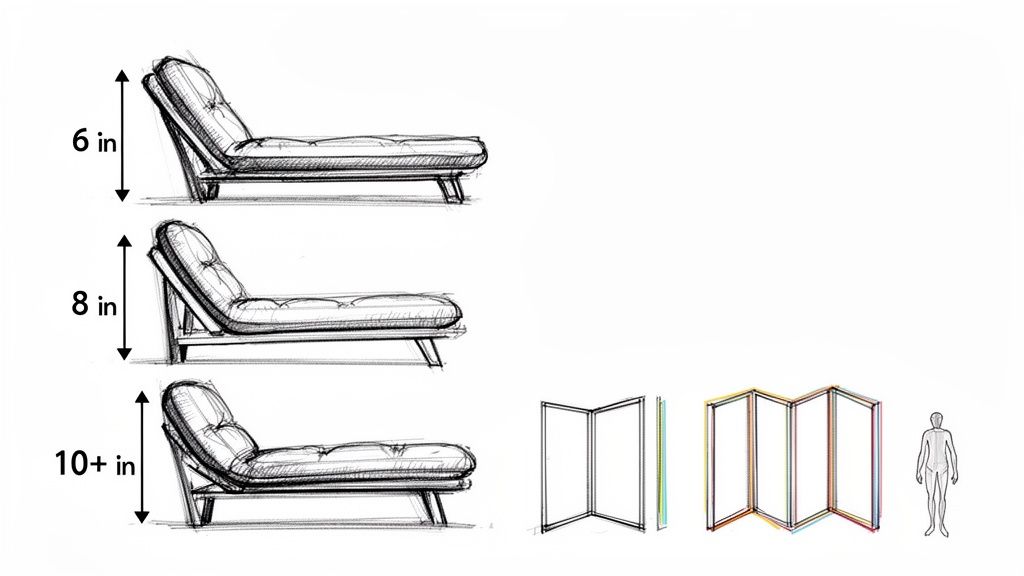 Sketches of futon mattresses with varying thicknesses: 6, 8, and 10+ inches, alongside folding screens.