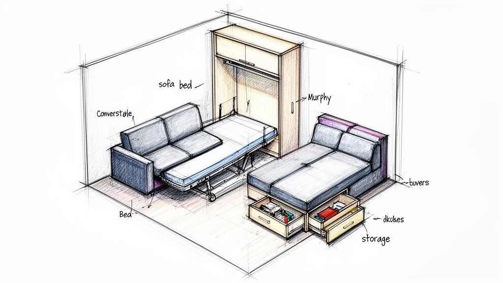 Detailed sketch of a small bedroom maximizing space with a sofa bed, Murphy-style bed, and storage bed.