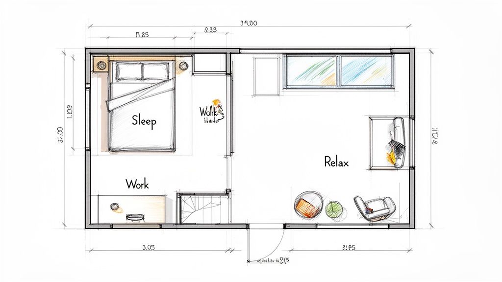 Detailed floor plan of a small apartment, illustrating dedicated zones for sleep, work, closet, and relaxation, with dimensions.