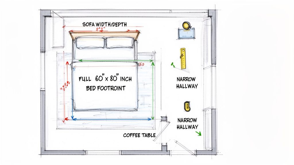 Top-down blueprint of a room layout showing bed, sofa, and furniture dimensions with narrow hallways.