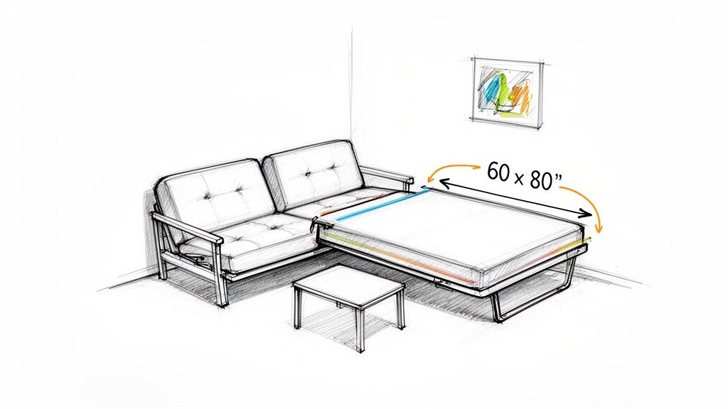 Sketch of a modern futon sofa converting into a queen-size bed, measuring 60x80 inches.