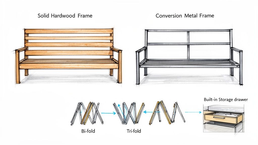 Two sofa bed frames, one hardwood and one metal, with folding mechanism illustrations and a storage drawer.