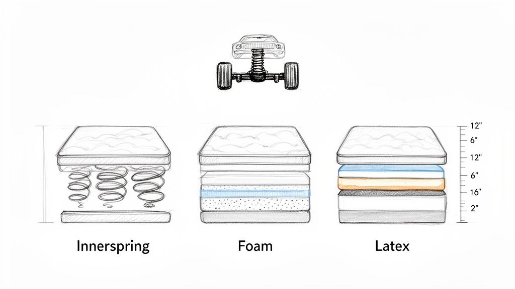 Diagram illustrating innerspring, foam, and latex mattress types, showing their cross-sectional internal layers.