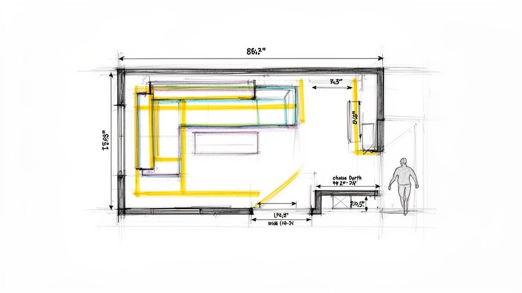 Hand-drawn floor plan sketch showing room layout with sectional sofa, coffee table, and dimensions.