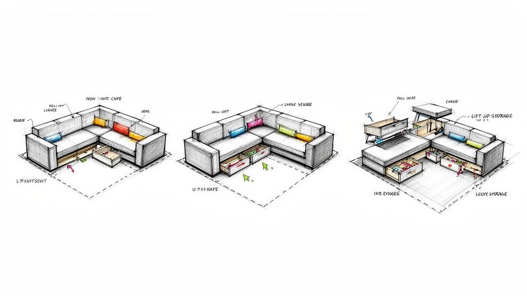 Sketches show versatile sectional sofas with pull-out sleepers, under-seat storage, and transforming elements.
