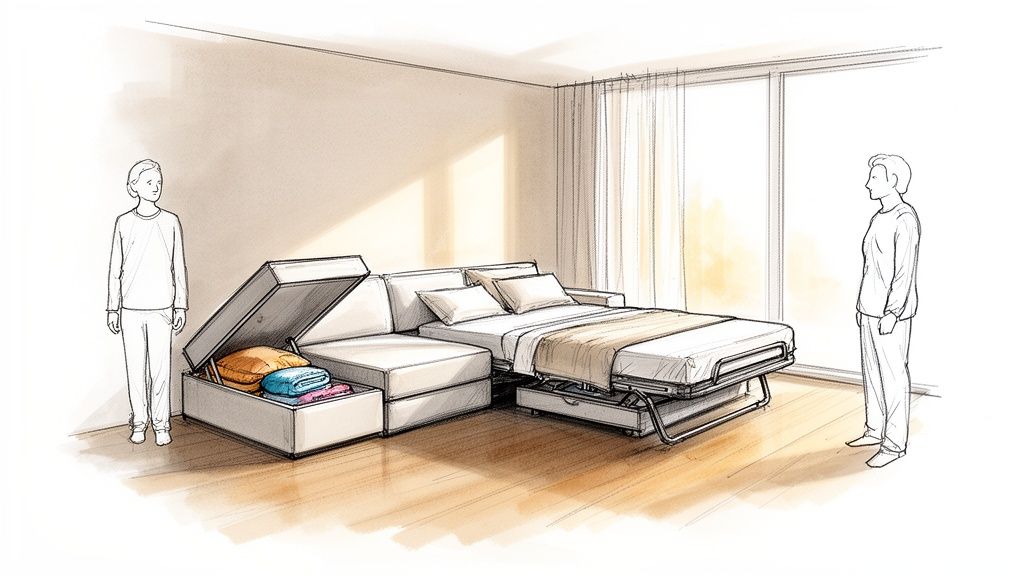 Sketch of a versatile sectional sofa transforming into a bed, featuring built-in storage, observed by two people.
