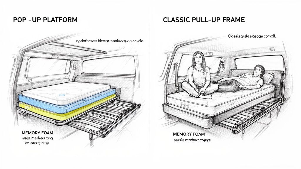 Sketches illustrate two van bed systems: a pop-up platform with memory foam and a classic pull-up frame with people.
